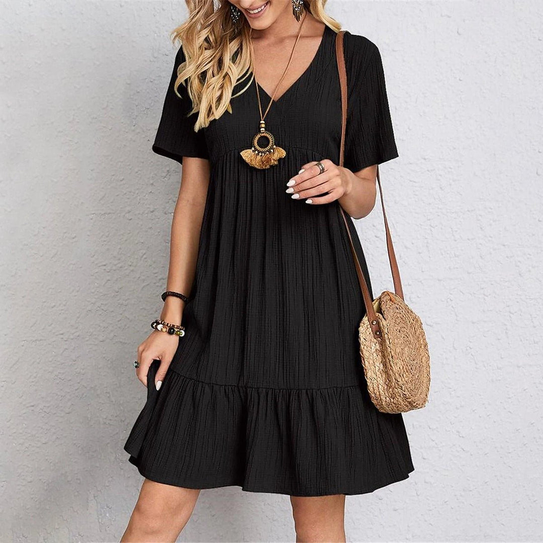 Womens Casual Dress Ruffle V Neck Midi Shift Dress Image 7