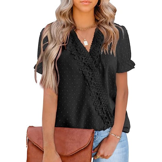 Womens Casual Lace Pom Pom V Neck Chiffon Short Sleeve Top Image 1