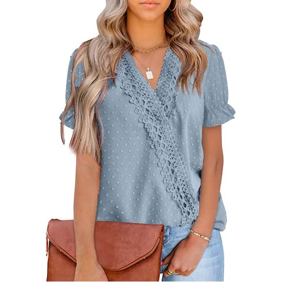 Womens Casual Lace Pom Pom V Neck Chiffon Short Sleeve Top Image 2