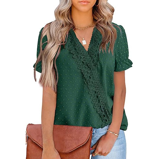 Womens Casual Lace Pom Pom V Neck Chiffon Short Sleeve Top Image 4