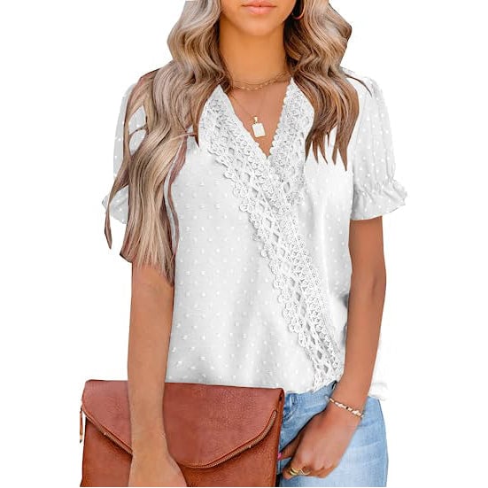 Womens Casual Lace Pom Pom V Neck Chiffon Short Sleeve Top Image 6