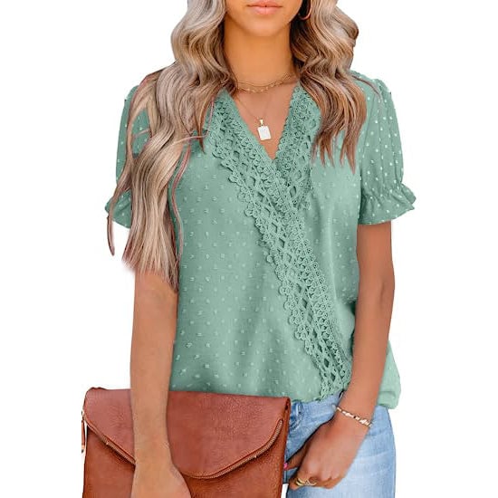 Womens Casual Lace Pom Pom V Neck Chiffon Short Sleeve Top Image 7