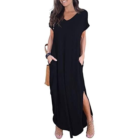 Womens Casual Loose Pocket Split Maxi Dress Image 1