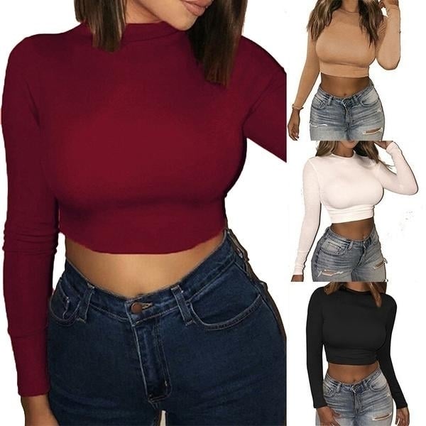 Womens Casual Round Neck Bottoming Long Sleeve Crop Top Image 1