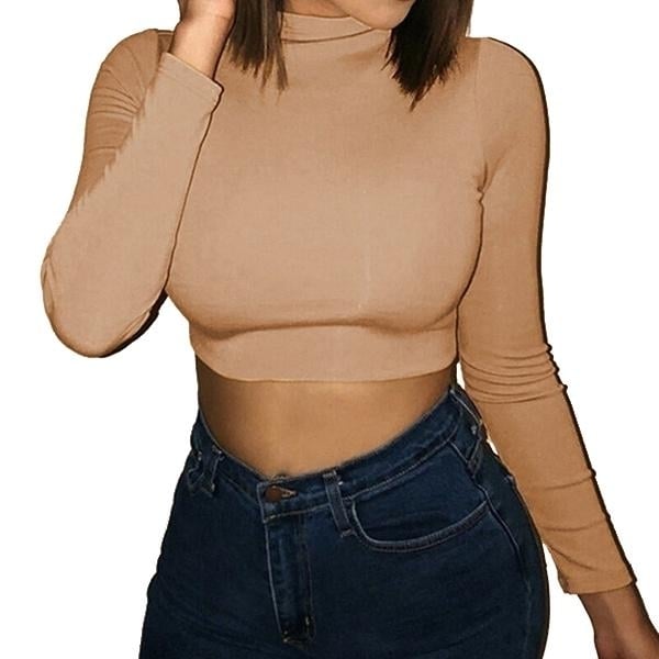 Womens Casual Round Neck Bottoming Long Sleeve Crop Top Image 3