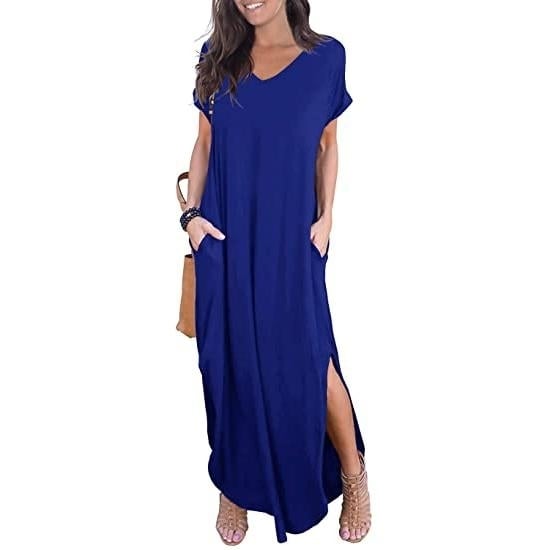 Womens Casual Loose Pocket Split Maxi Dress Image 3