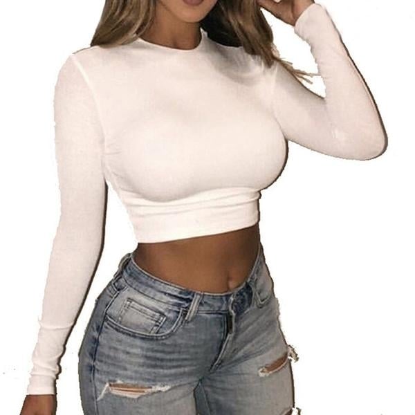 Womens Casual Round Neck Bottoming Long Sleeve Crop Top Image 4