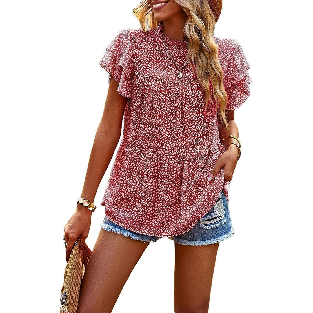 Womens Casual Summer Tops Ruffle Short Sleeve Mock Neck Fashion Floral Chiffon Blouse Shirts Image 8