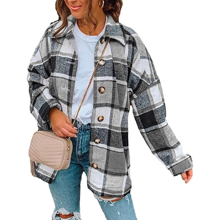 Womens Casual Woolen Long Sleeve Button Down Plaid Jacket Image 1