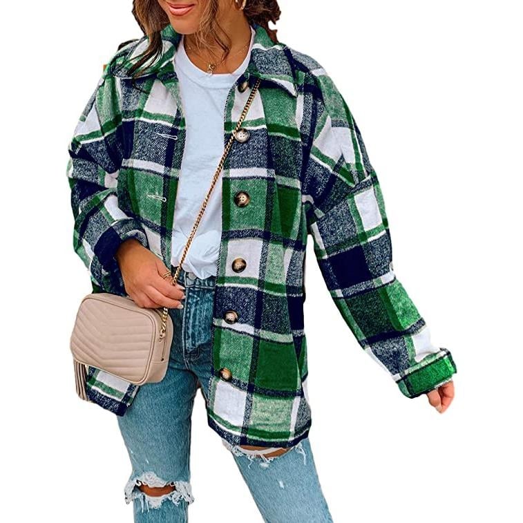 Womens Casual Woolen Long Sleeve Button Down Plaid Jacket Image 2