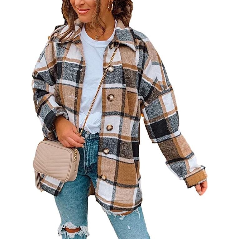 Womens Casual Woolen Long Sleeve Button Down Plaid Jacket Image 3