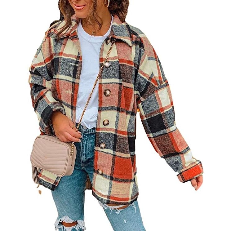 Womens Casual Woolen Long Sleeve Button Down Plaid Jacket Image 4