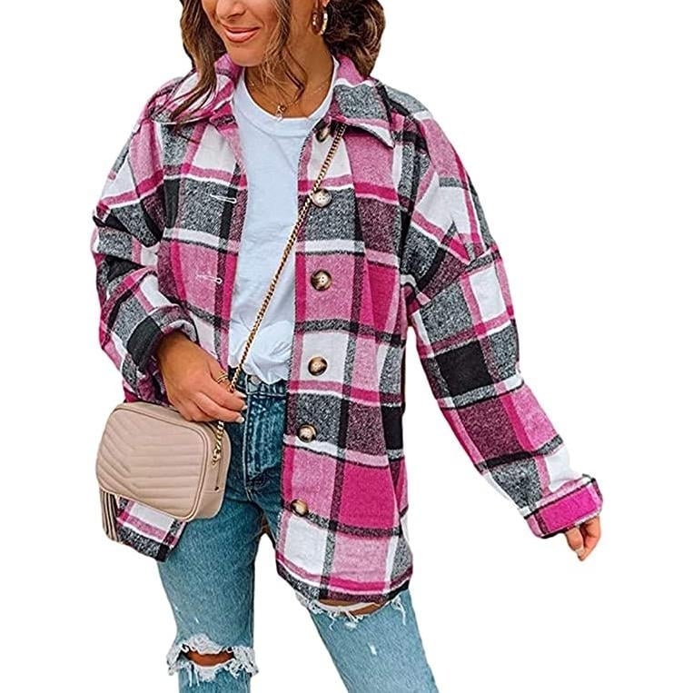 Womens Casual Woolen Long Sleeve Button Down Plaid Jacket Image 4