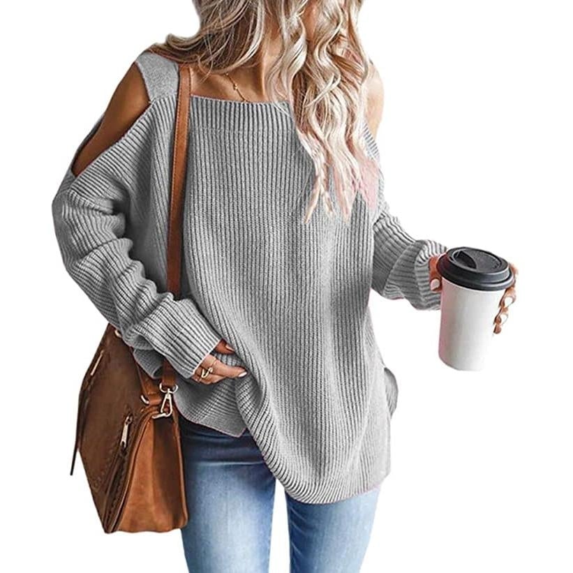 Womens Cold Shoulder Batwing Chunky Knitted Tunic Tops Image 1