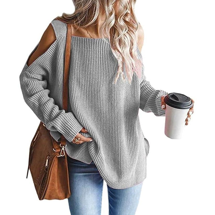 Womens Cold Shoulder Batwing Chunky Knitted Tunic Tops Image 1