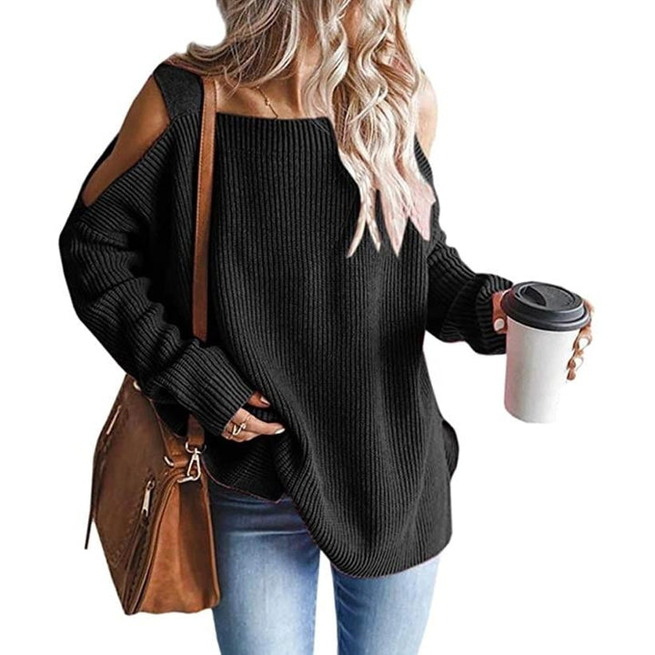 Womens Cold Shoulder Batwing Chunky Knitted Tunic Tops Image 1