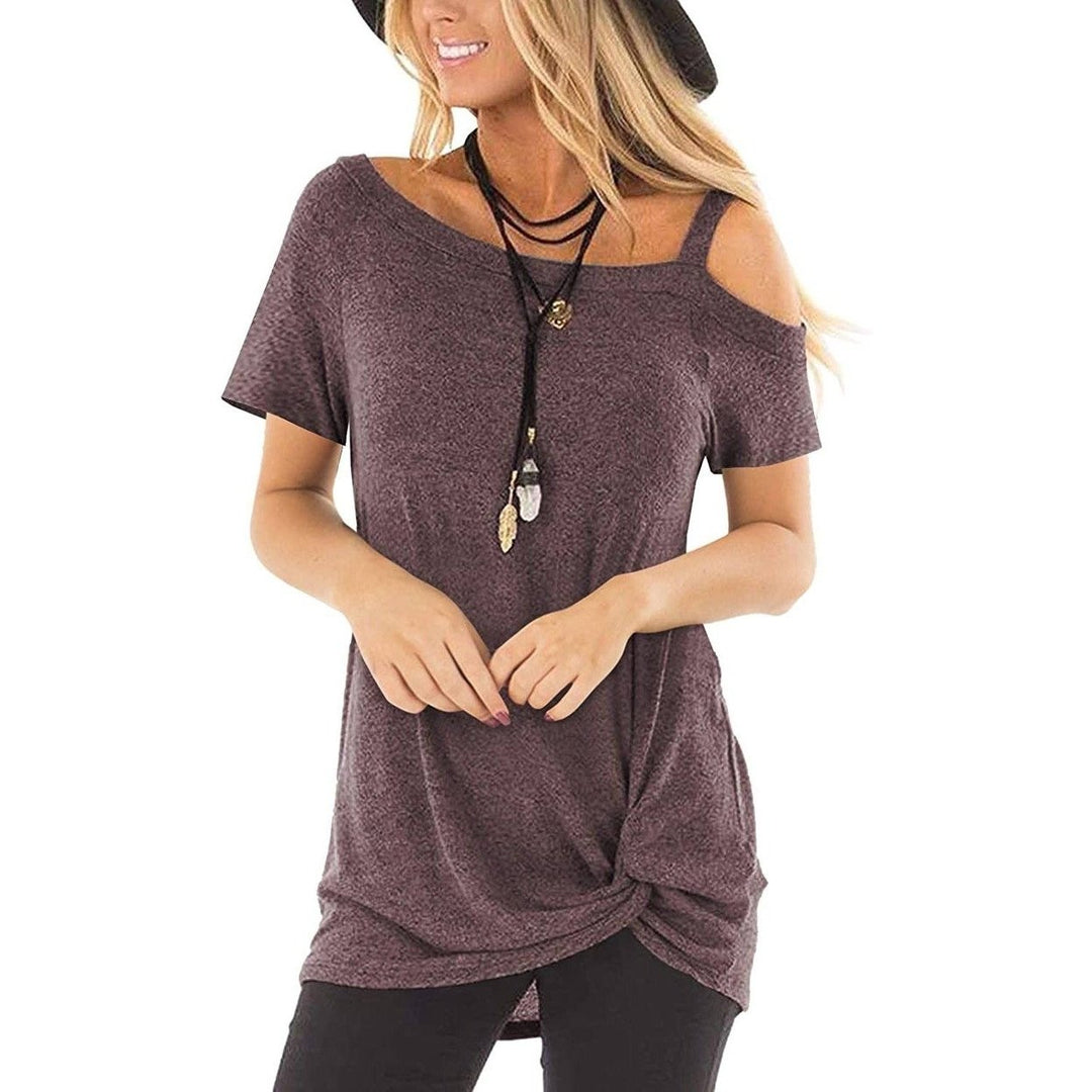 Womens Cold Shoulder Tops Summer Short Sleeve Casual Twist Knot Blouse T-Shirt Image 3