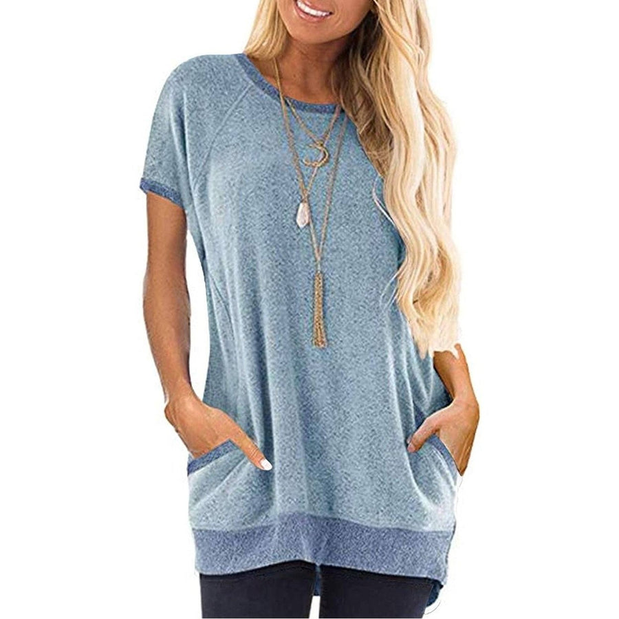 Womens Color Block Short Sleeve Lightweight Knit Sweatshirts with Pockets Image 1