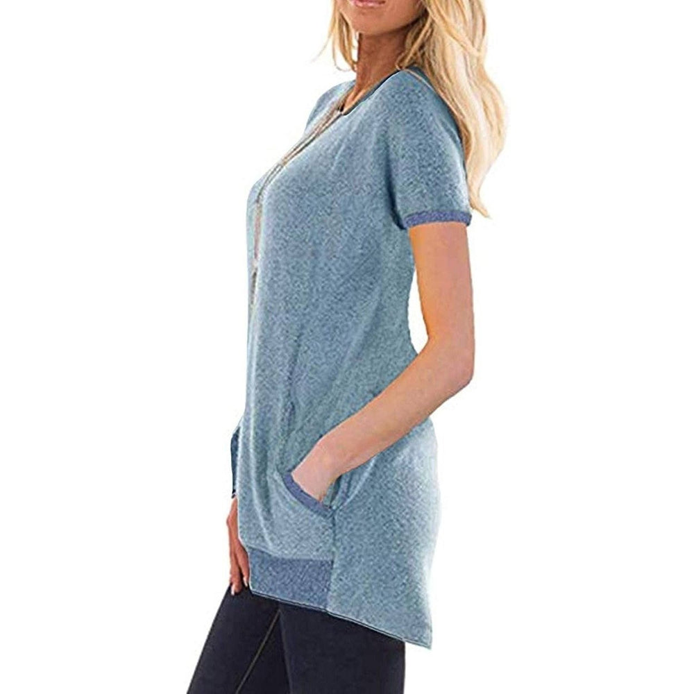 Womens Color Block Short Sleeve Lightweight Knit Sweatshirts with Pockets Image 2