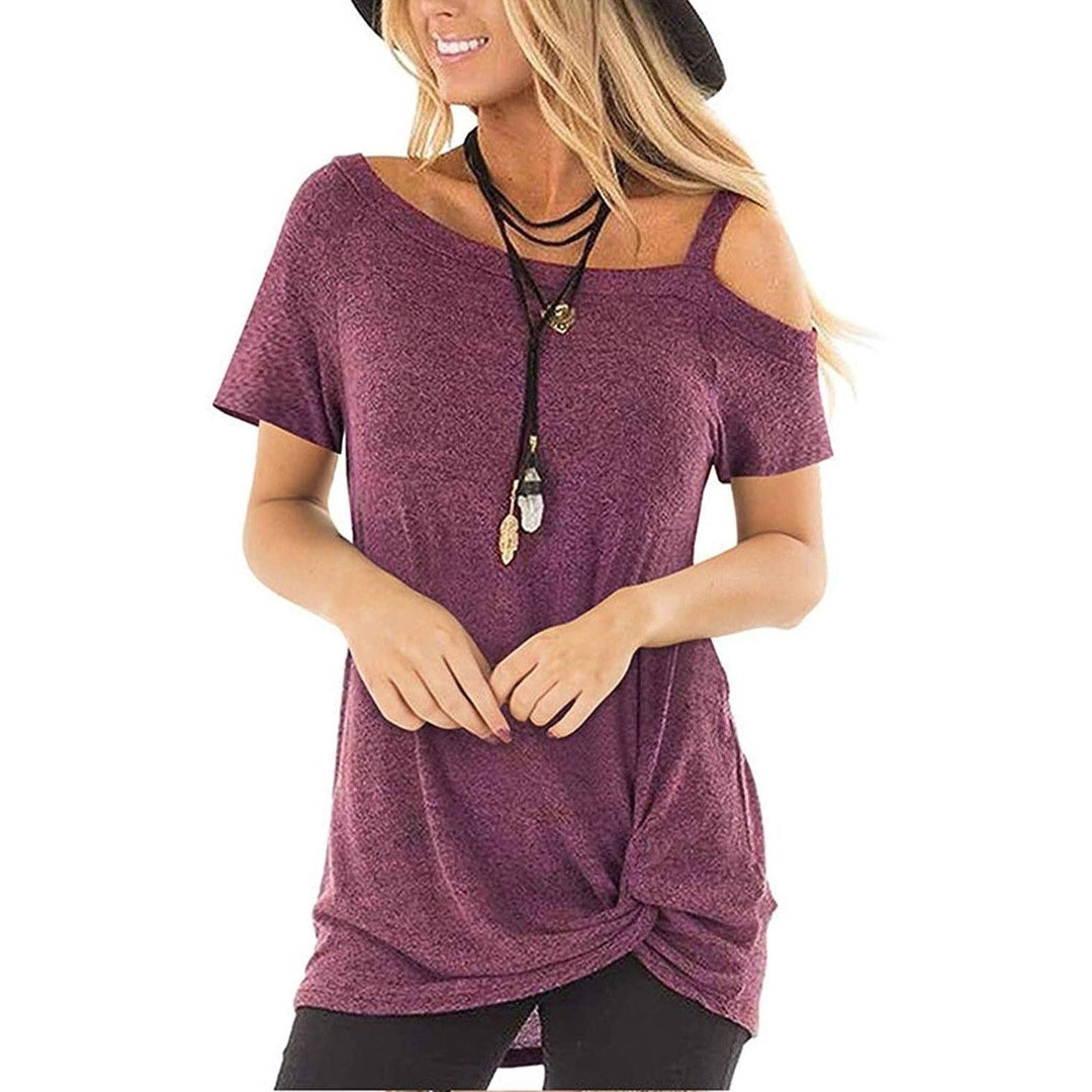 Womens Cold Shoulder Tops Summer Short Sleeve Casual Twist Knot Blouse T-Shirt Image 7