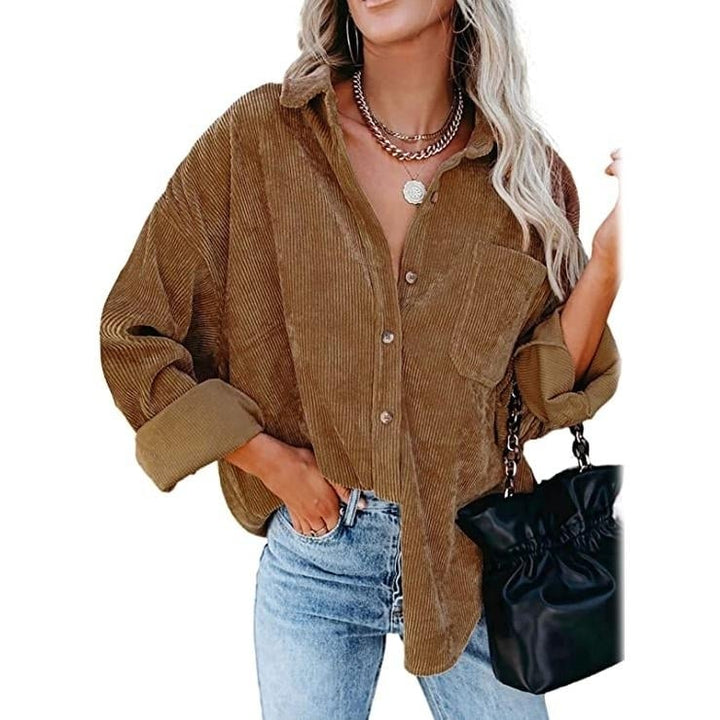 Womens Corduroy Shirts Casual Long Sleeve Top Image 7