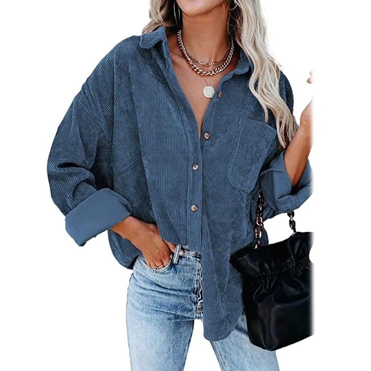 Womens Corduroy Shirts Casual Long Sleeve Top Image 9