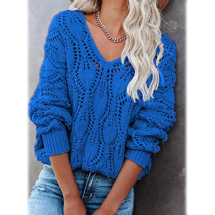 Womens Crochet Hollow Out Knitted V Neck Sweater Image 1