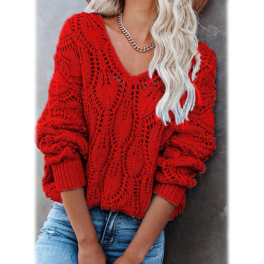 Womens Crochet Hollow Out Knitted V Neck Sweater Image 1