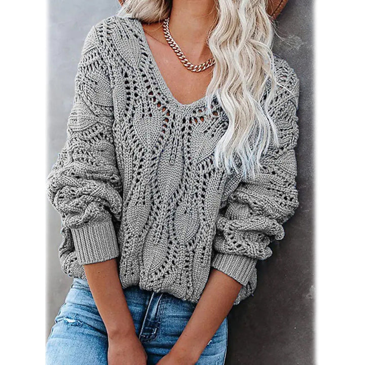 Womens Crochet Hollow Out Knitted V Neck Sweater Image 4