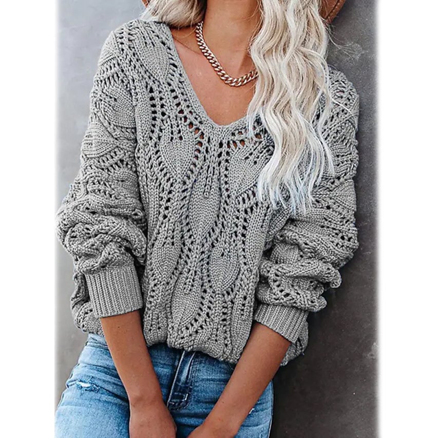 Womens Crochet Hollow Out Knitted V Neck Sweater Image 1