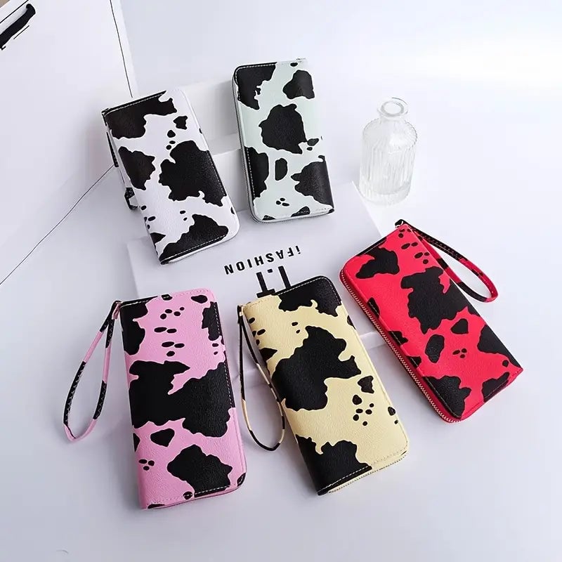 Womens Cute Versatile Faux Leather Cow Print Long Wallet Image 1