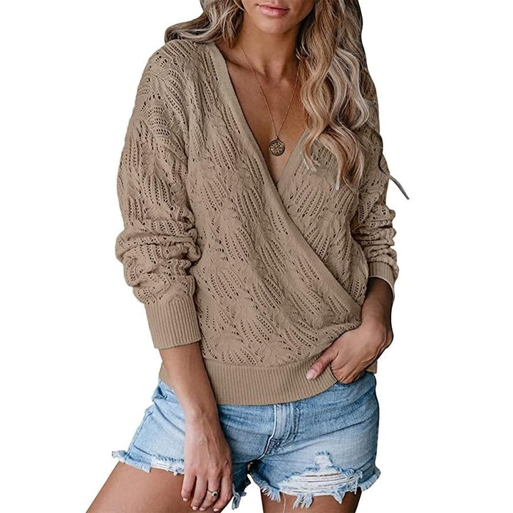 Womens Deep V Neck Long Sleeve Crochet Tops Image 3