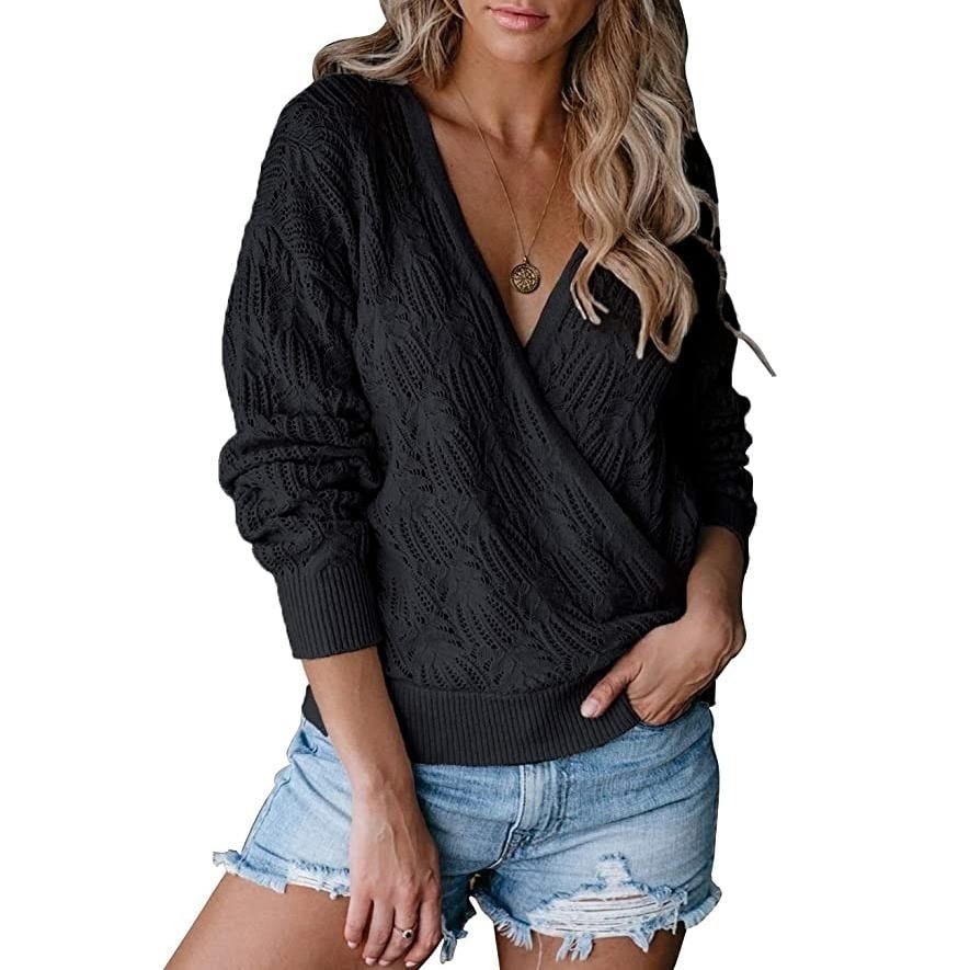 Womens Deep V Neck Long Sleeve Crochet Tops Image 4