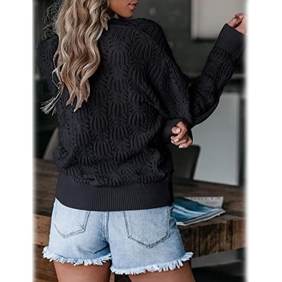 Womens Deep V Neck Long Sleeve Crochet Tops Image 6