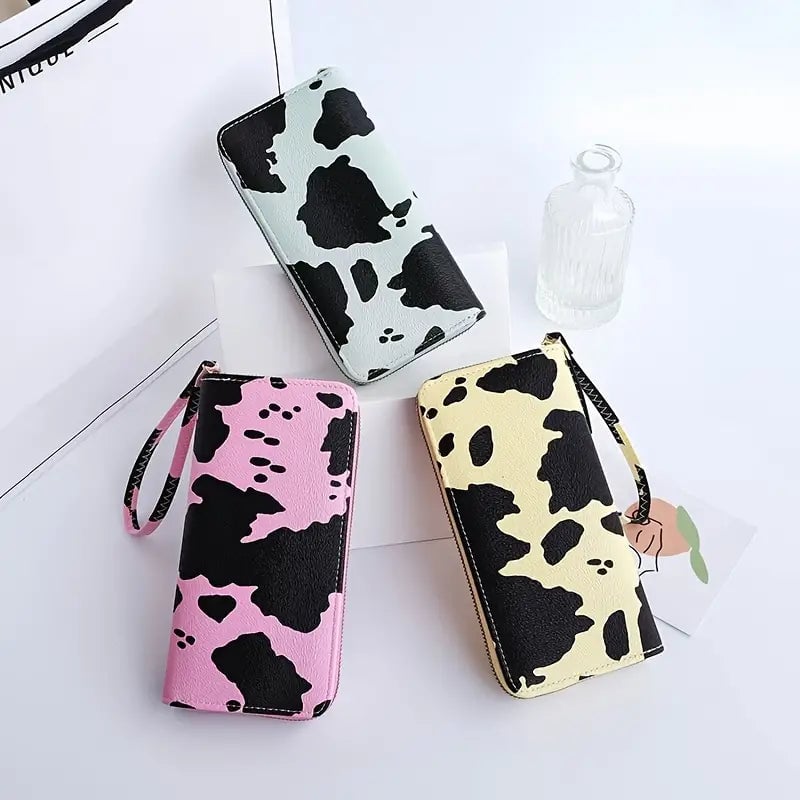 Womens Cute Versatile Faux Leather Cow Print Long Wallet Image 8