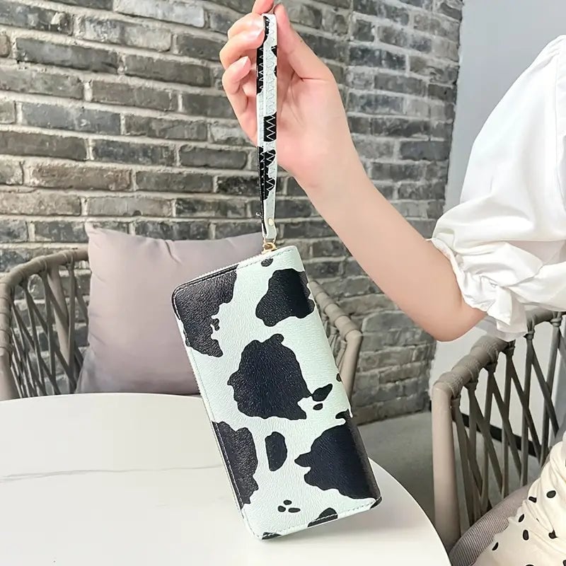 Womens Cute Versatile Faux Leather Cow Print Long Wallet Image 10