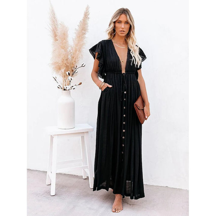 Womens Deep V Vacation Sexy Loose Dress Image 1