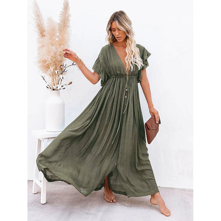 Womens Deep V Vacation Sexy Loose Dress Image 3