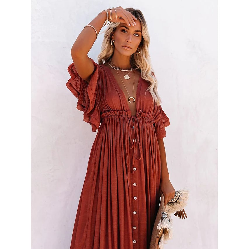 Womens Deep V Vacation Sexy Loose Dress Image 1