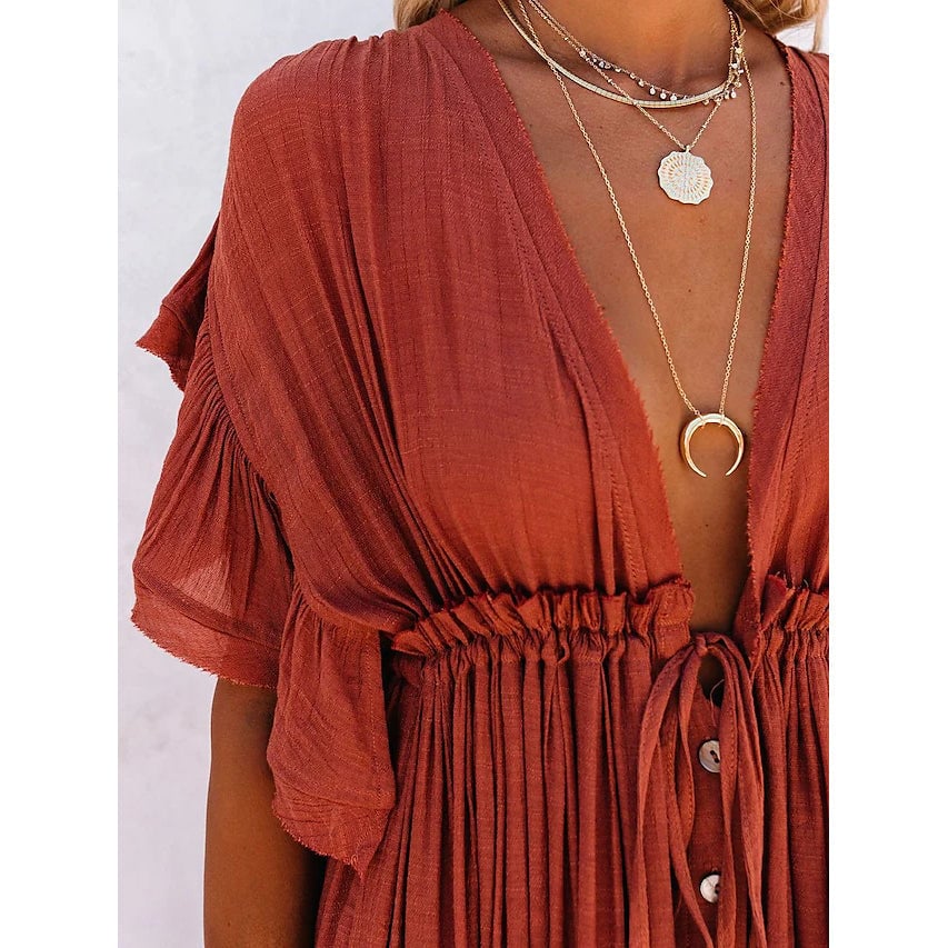 Womens Deep V Vacation Sexy Loose Dress Image 6