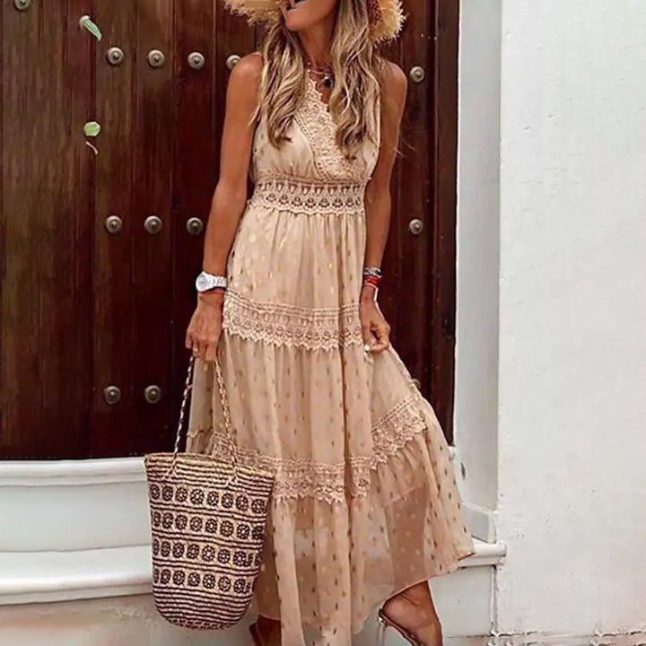 Womens Sleeveless Solid Color Lace Panel Dress Image 4