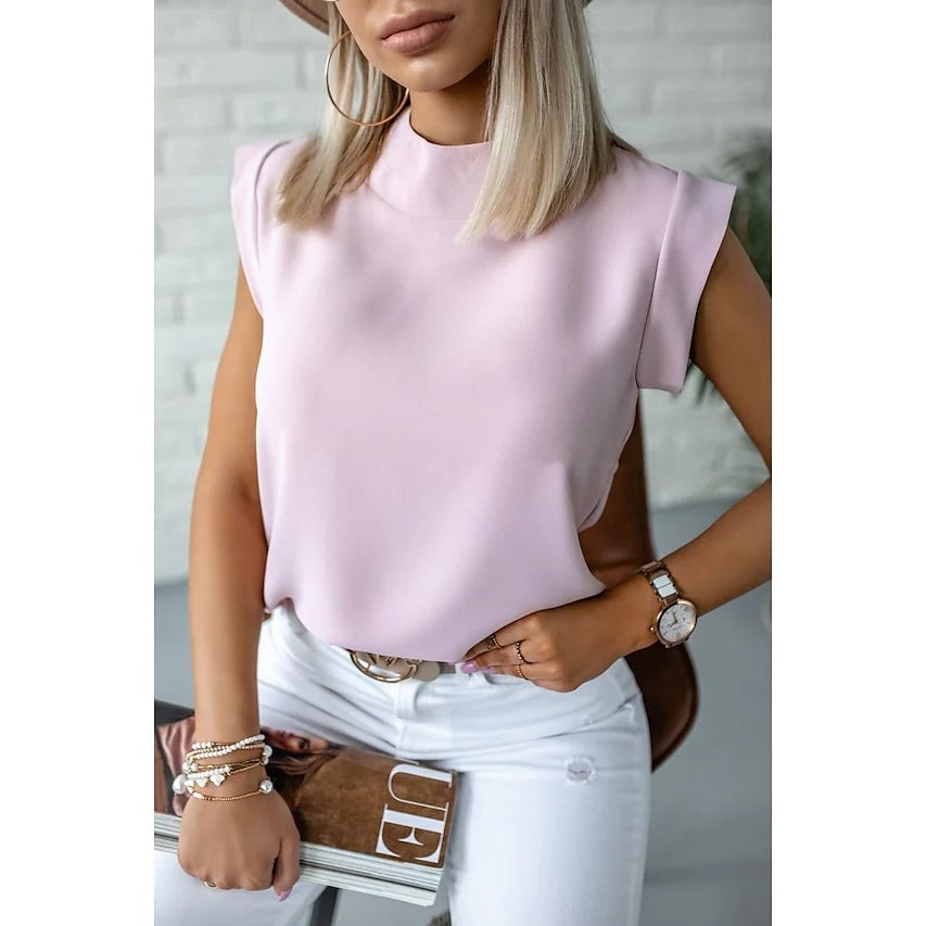 Womens Solid Color Patchwork Stand Collar Top Image 2