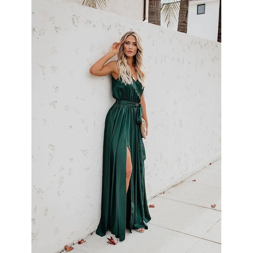 Womens Solid Color Slit Tie Maxi Dress Image 4