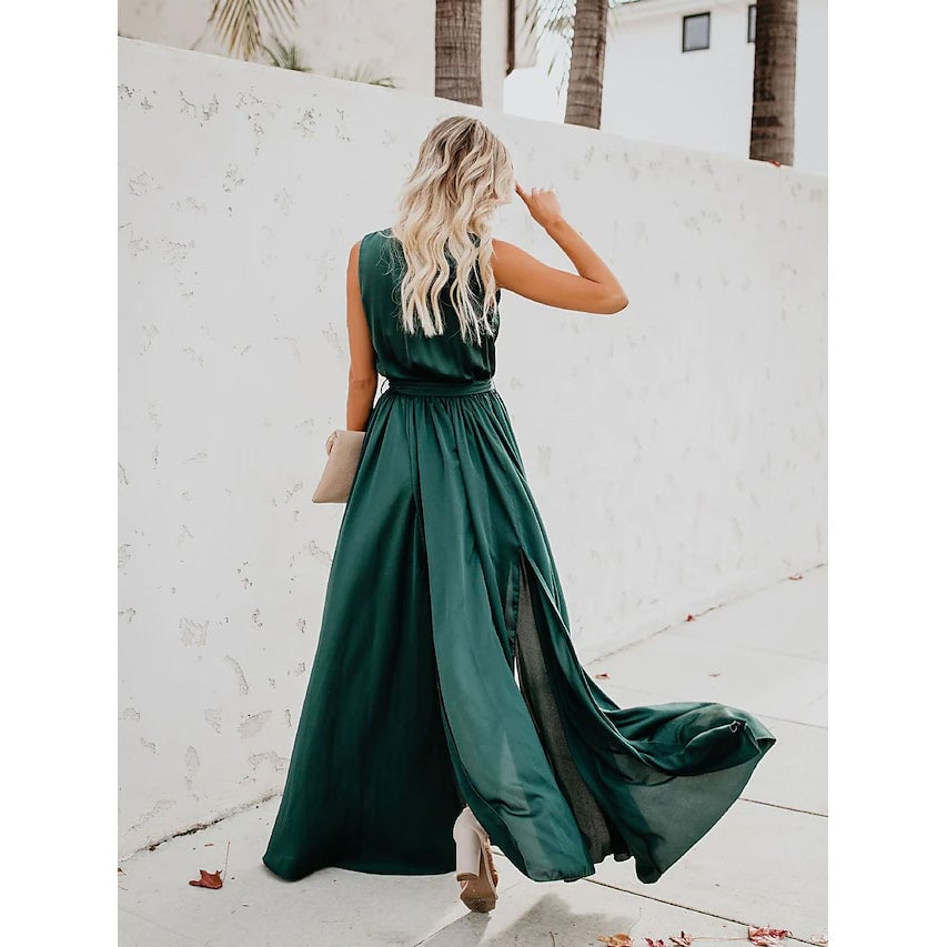 Womens Solid Color Slit Tie Maxi Dress Image 4