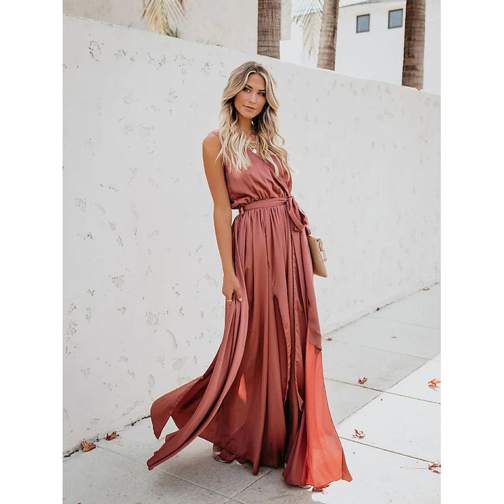 Womens Solid Color Slit Tie Maxi Dress Image 6