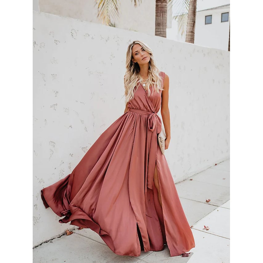 Womens Solid Color Slit Tie Maxi Dress Image 7