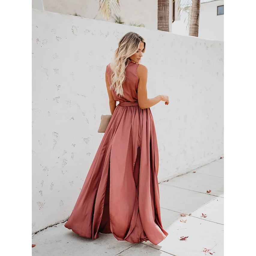 Womens Solid Color Slit Tie Maxi Dress Image 8