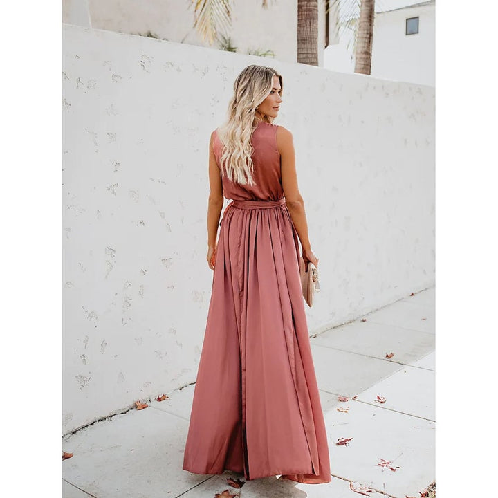 Womens Solid Color Slit Tie Maxi Dress Image 9