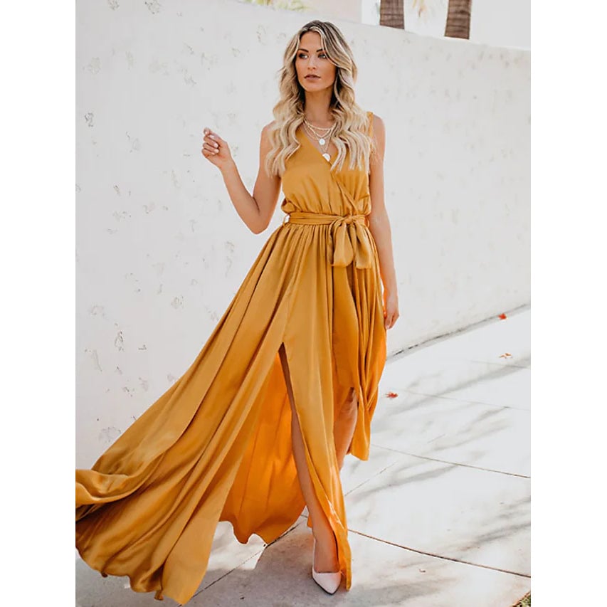 Womens Solid Color Slit Tie Maxi Dress Image 10