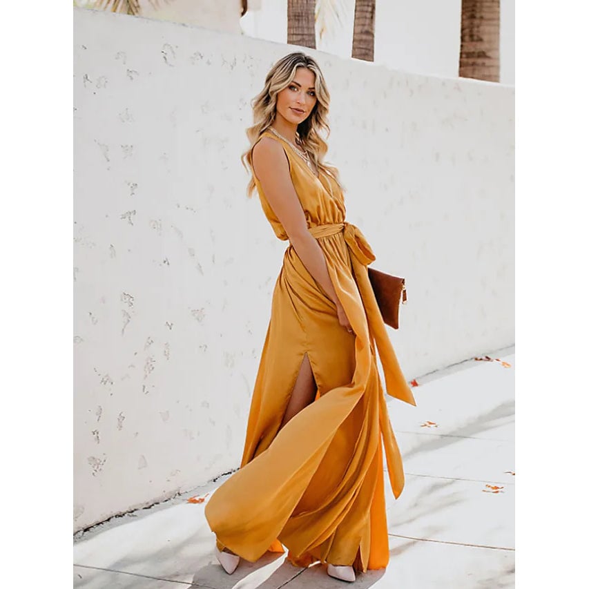 Womens Solid Color Slit Tie Maxi Dress Image 11